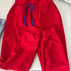 FIGS Red Jogger Pants with Blue Drawstring